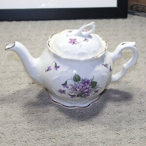 Vintage Purple White Floral Porcelain Crown Dorset Staffordshire England Teapot
